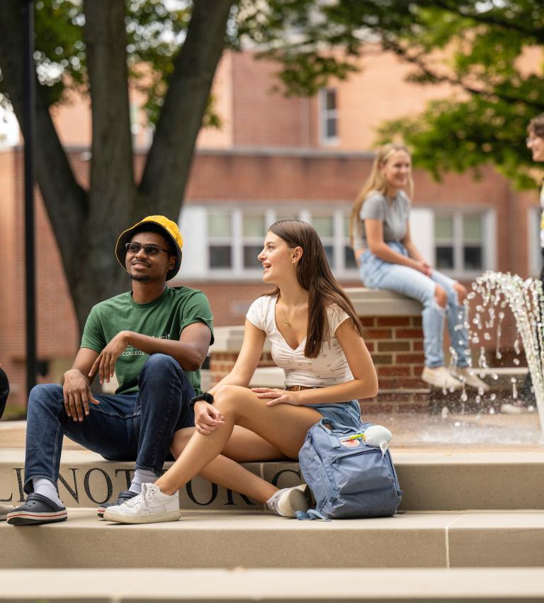 A group of students talking around the Fountain on main campus.