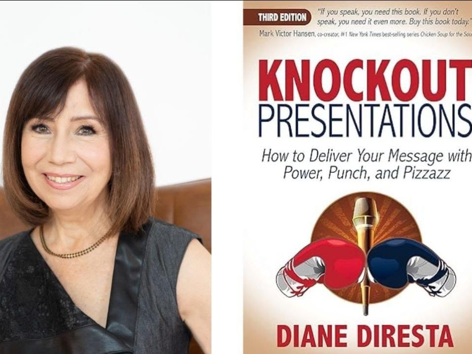 A graphic shows a headshot of Diane Diresta beside her book cover for "Knockout Presentations: How to Deliver Your Message with Power, Punch, and Pizzazz"