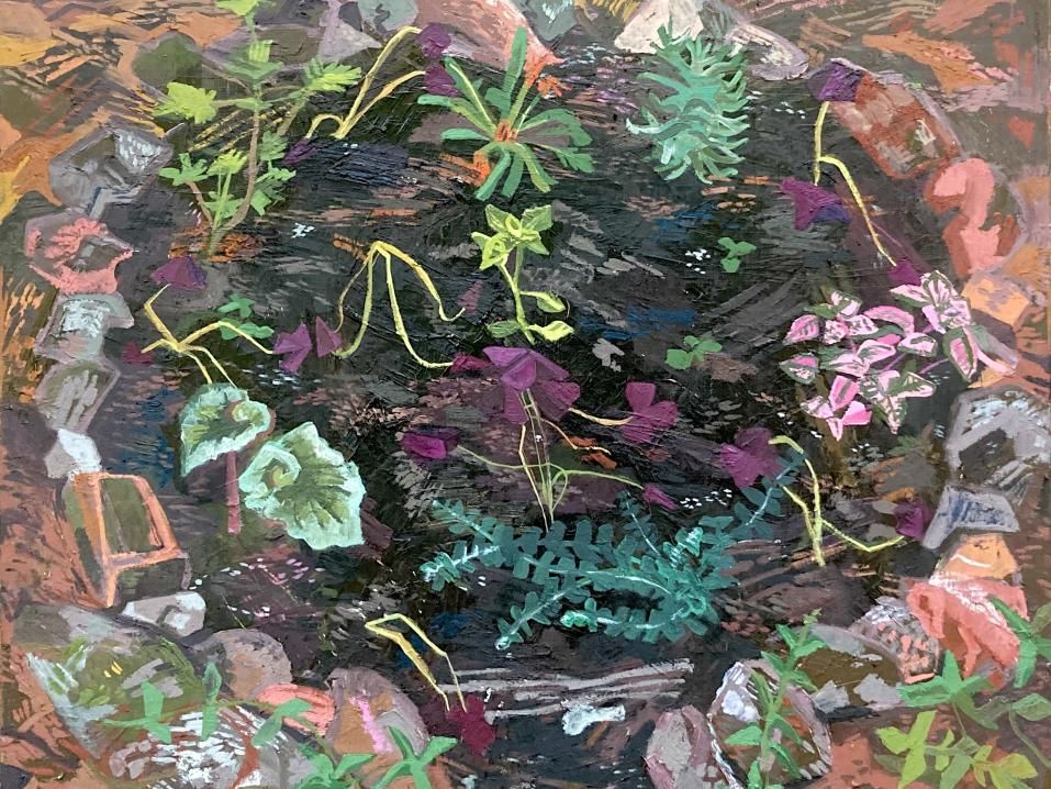 Painting of flowers inside a ring of stones.