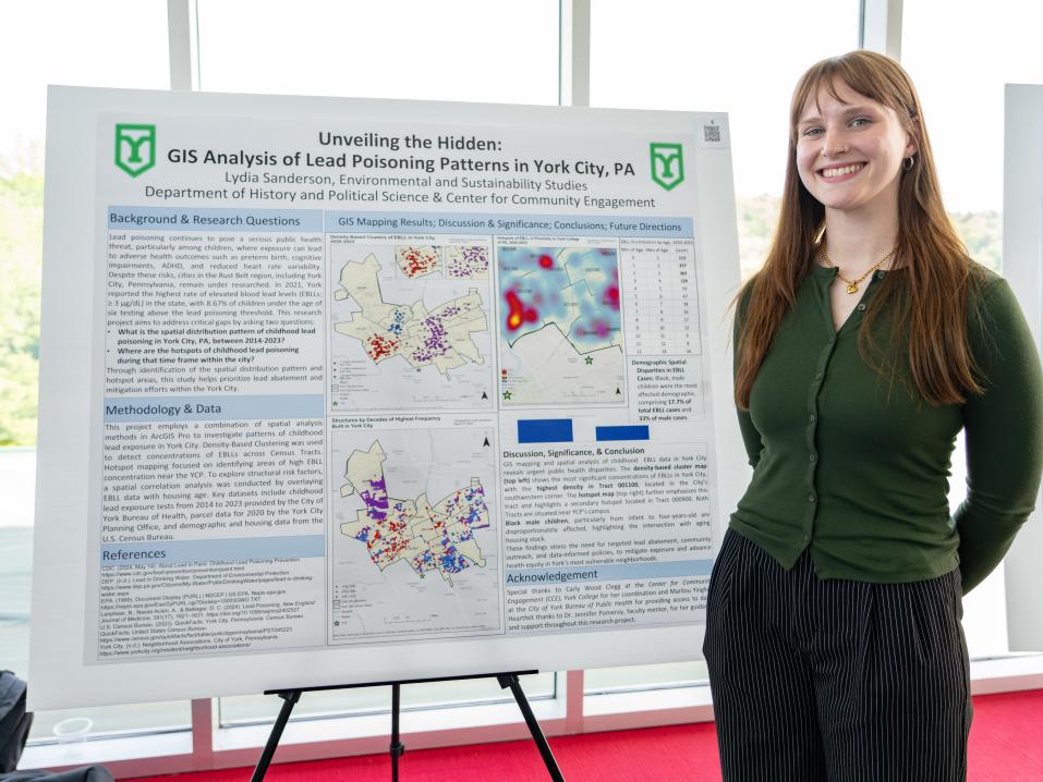 Lydia Sanderson stands next to her Undergraduate Research Showcase presentation