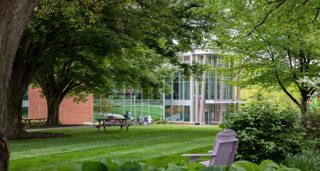 Outdoor common space with lush green grass, large trees, and green foliage. A modern building and students can be seen in the distance.