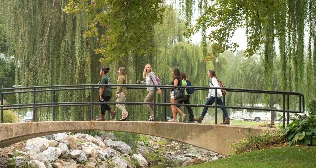 A view of the bridge over the campus creek with large Weeping Willow trees in the background. A group of smiling students is crossing the bridge.