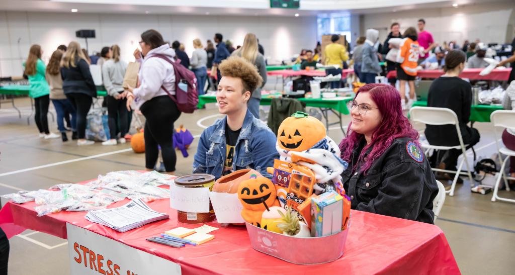 Two students work at a table during an involvement fair in the fall. They are surrounded by jack-o-lanterns and fall decor. A sign on their table says "Stress Kits."