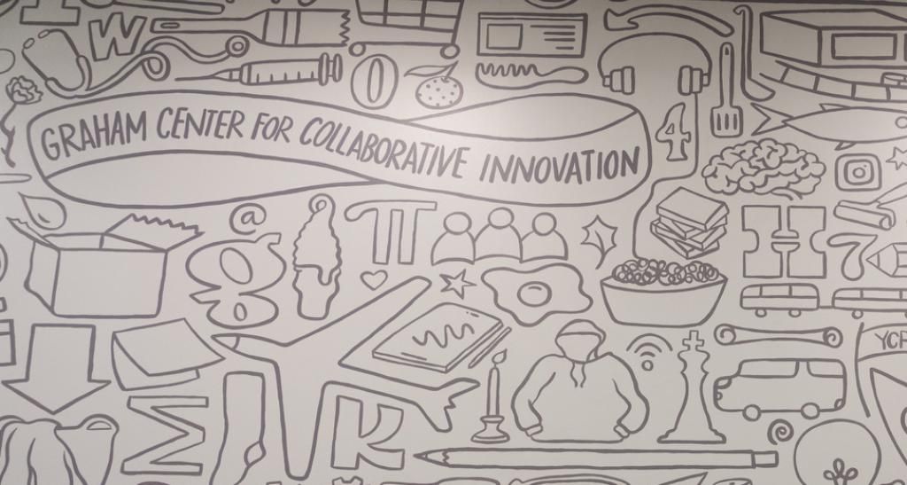 Mural featuring illustrations representing creativity, innovation, and collaboration at the Graham Center for Collaborative Innovation at York College of Pennsylvania.