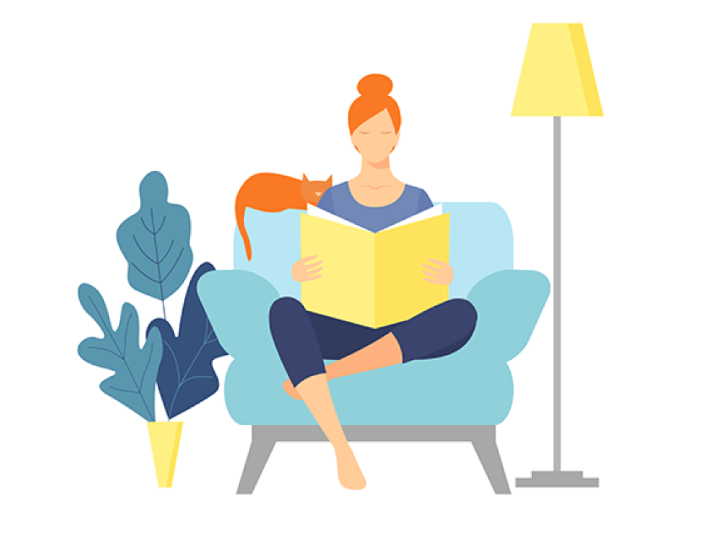 An illustration shows a woman holding a book as she sits in a lounge chair beside a lamp and potted plant.