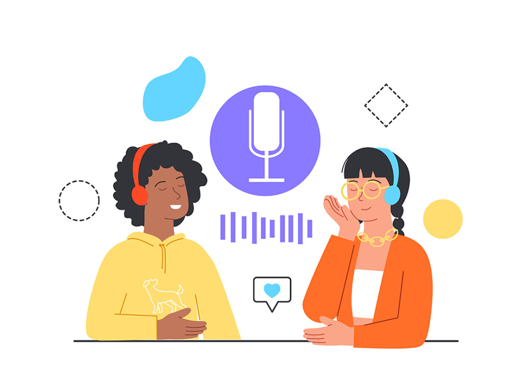 An illustration shows two people wearing headphones as they chat. Graphics representing a microphone, soundwaves, and social media sharing appear around their heads.