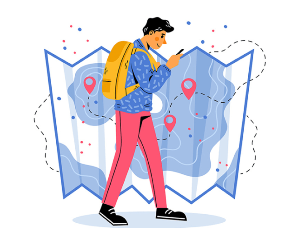 An illustration shows a backpacker looking at a phone with a large map in the background.