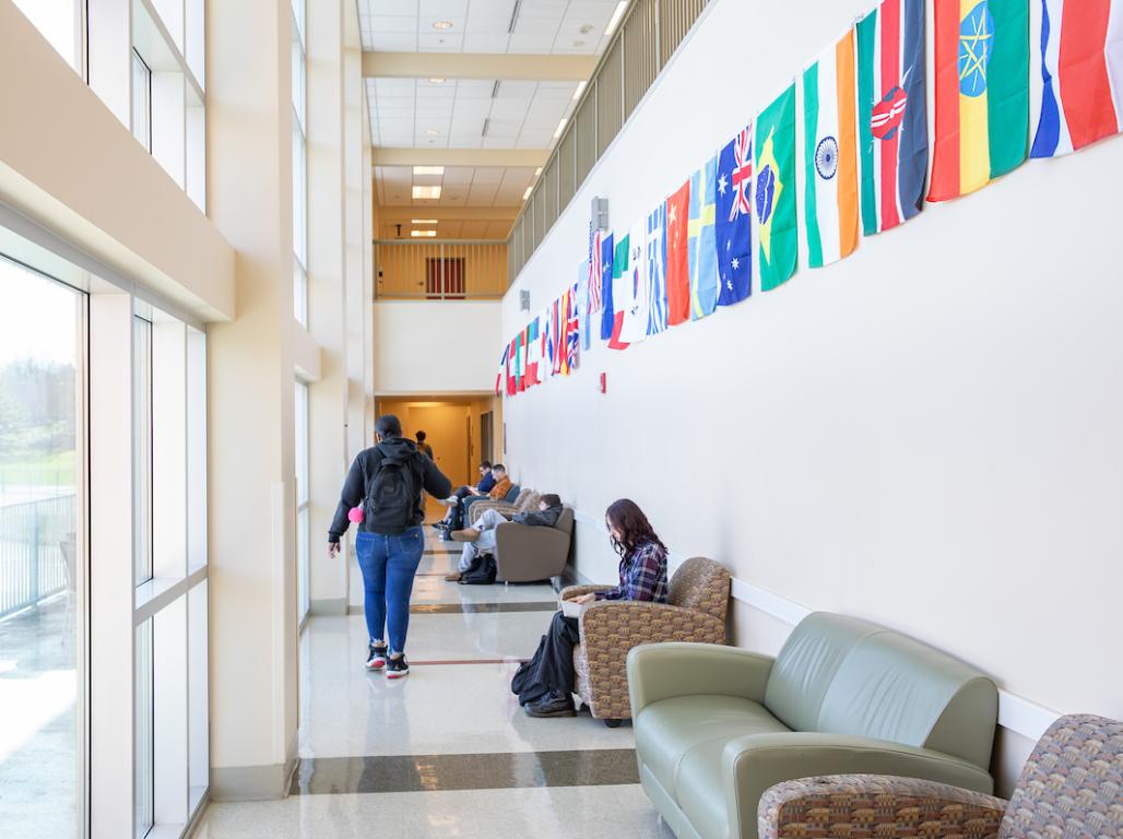 A student walking past the international flags.