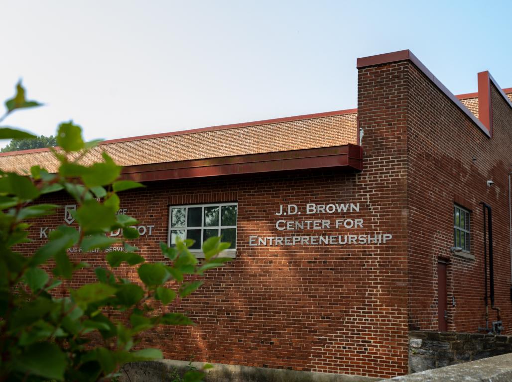 J.D. Brown Center For Entrepreneurship, a brick building with silver metal lettering sign.