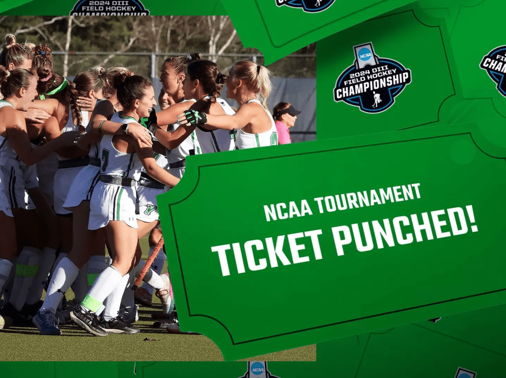 York College's field hockey team celebrates with a group huddle on field. Graphics overlay the photograph, reading "NCAA Tournament Ticket Punched!"