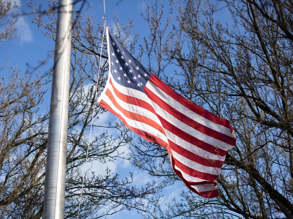 The American flag hanging from a flag pole on York College's campus with trees in the background.