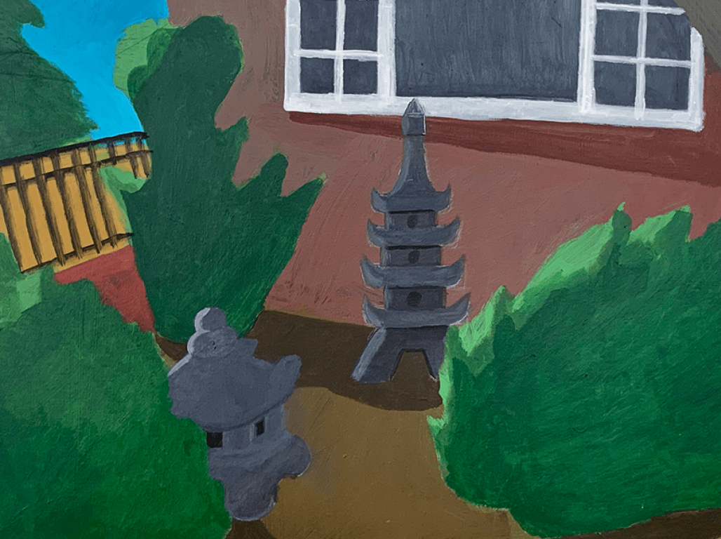 A painting of a garden scene featuring pagoda sculptures.