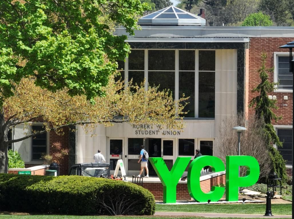 A view of the YCP letters in front of the student union buildind
