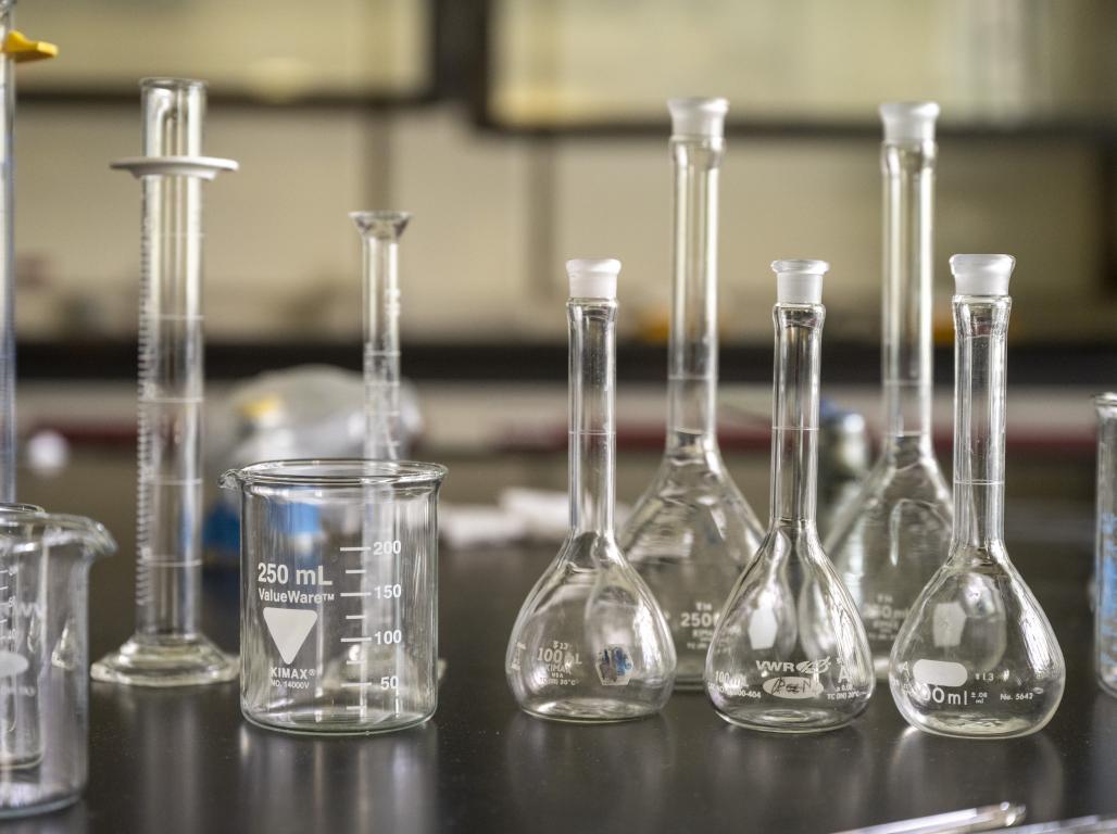 A set of chemistry glassware in a lab.