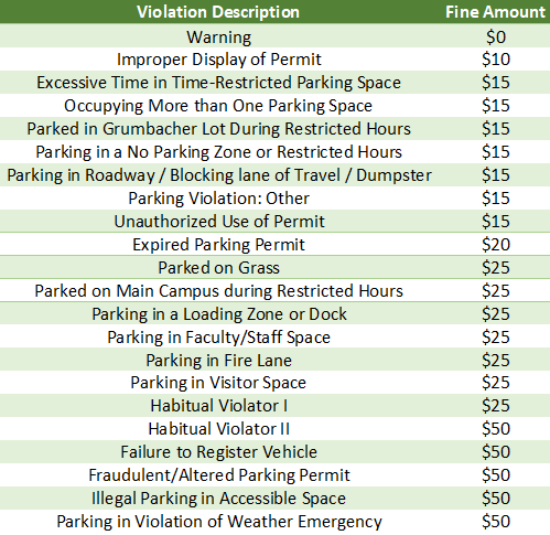 A list of parking violations and their fines.
