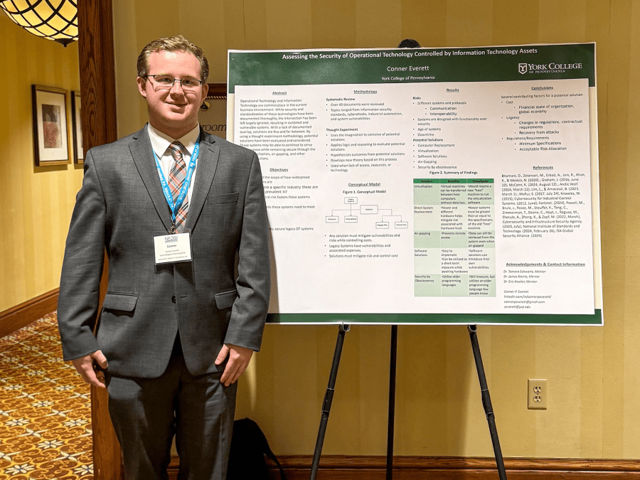 Student wearing a grey suit standing in front of a research presentation poster at a formal venue.