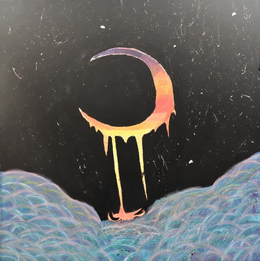 Painting of a crescent moon against a dark sky with swirling colors beneath it.