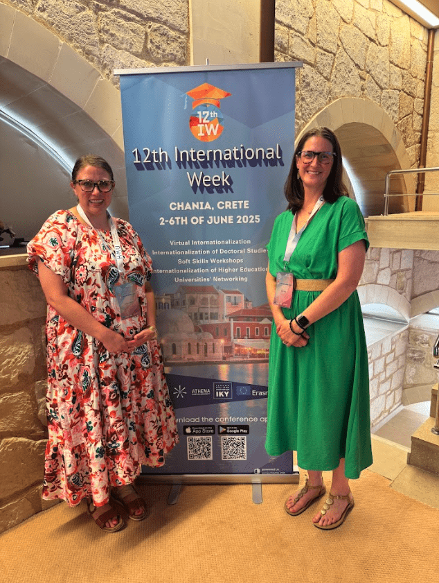 Erin Titter and Kristen Gurreri pose together in Greece for the York College international fundraising conference