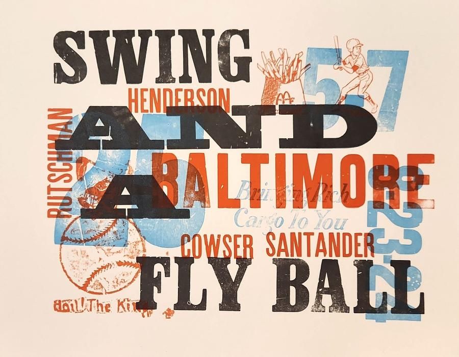 Colorful letterpress print including the words, "Swing and a fly ball."