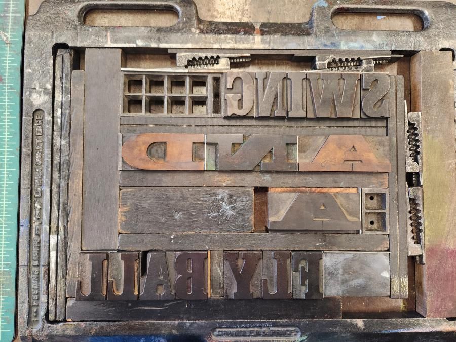 Letterpress lockup for "swing and a fly ball" print.