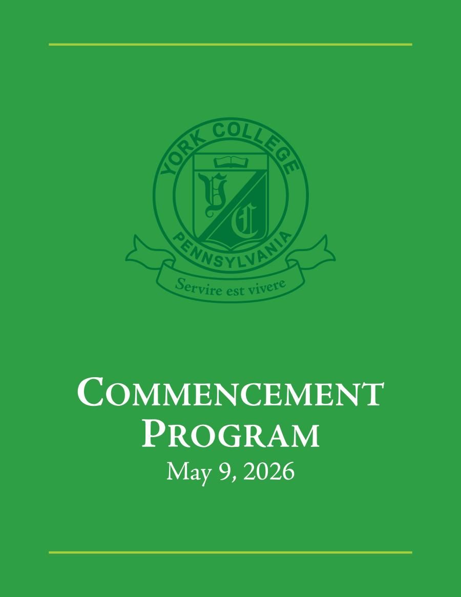 Green background image with York College seal and in white wording, Commencement Program May 9, 2026