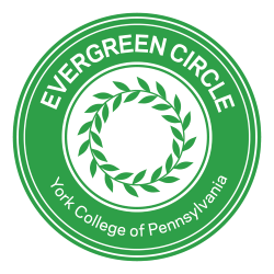 Evergreen Circle logo: Green circle with graphic of a wreath of leaves in the middle. Text around the outside reading "Evergreen Circle. York College of Pennsylvania."