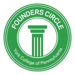 Founders Circle logo: Green circle with graphic of a doric column in the middle. Text around the outside reading "Founders Circle. York College of Pennsylvania."