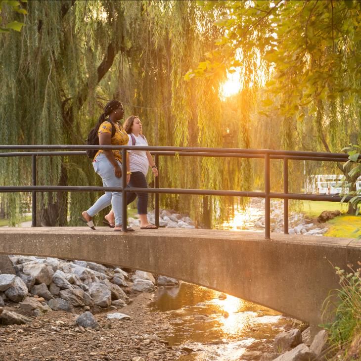 Two students walk side by side as they cross a bridge over the creek during sunrise.