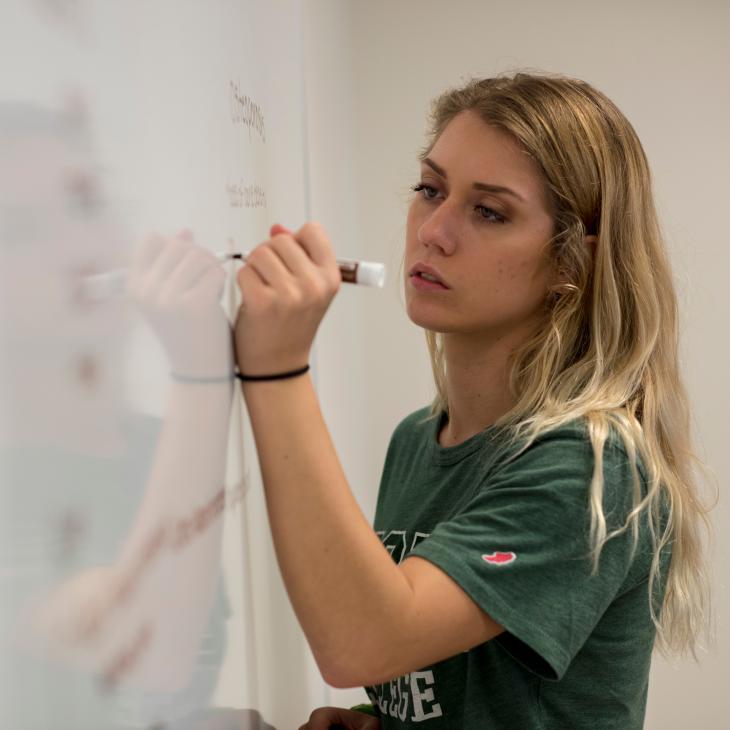 A student wearing a green York College t-shirt writes on a whiteboard. 