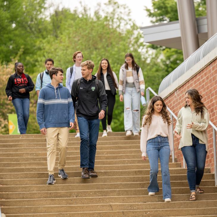 Group of students walking down steps next to the Waldner Performing Arts Center