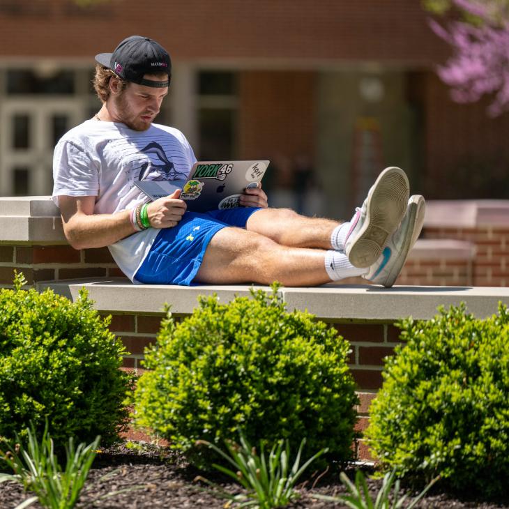 student looking at laptop while sitting outside