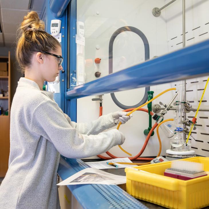 A student wears safety goggles and gloves as she works with chemicals under a fume hood in the chemistry lab.
