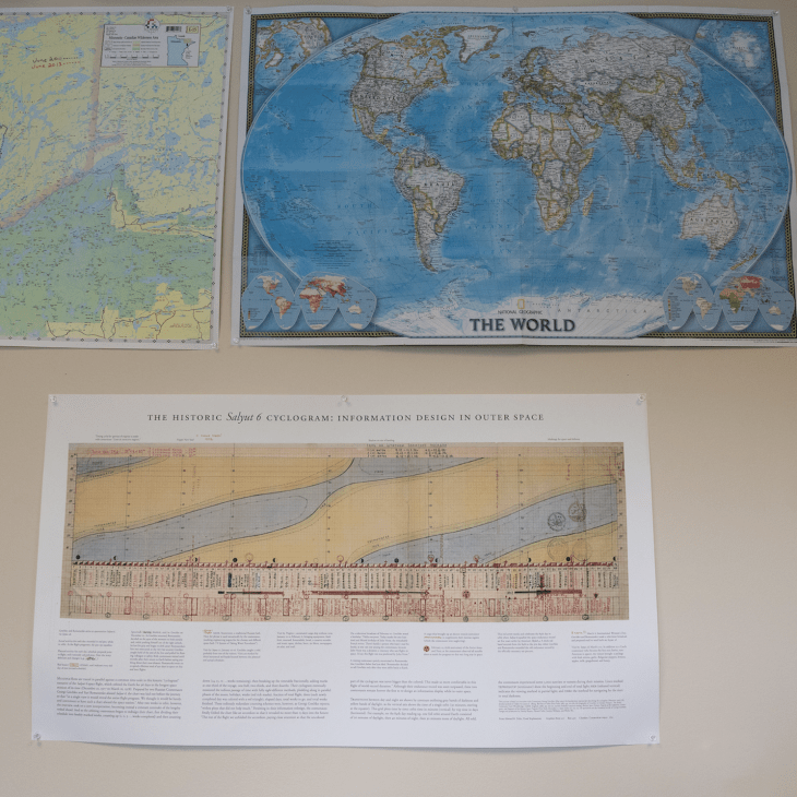 Maps and Globes hanging on the wall.