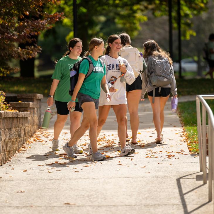 Group of students walking through campus talking to each other.
