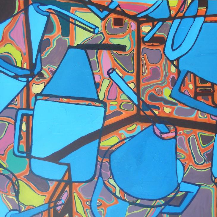 Artist Allison Juliana's painting shows an abstracted series of cups and crayons in colorful shapes and lines.